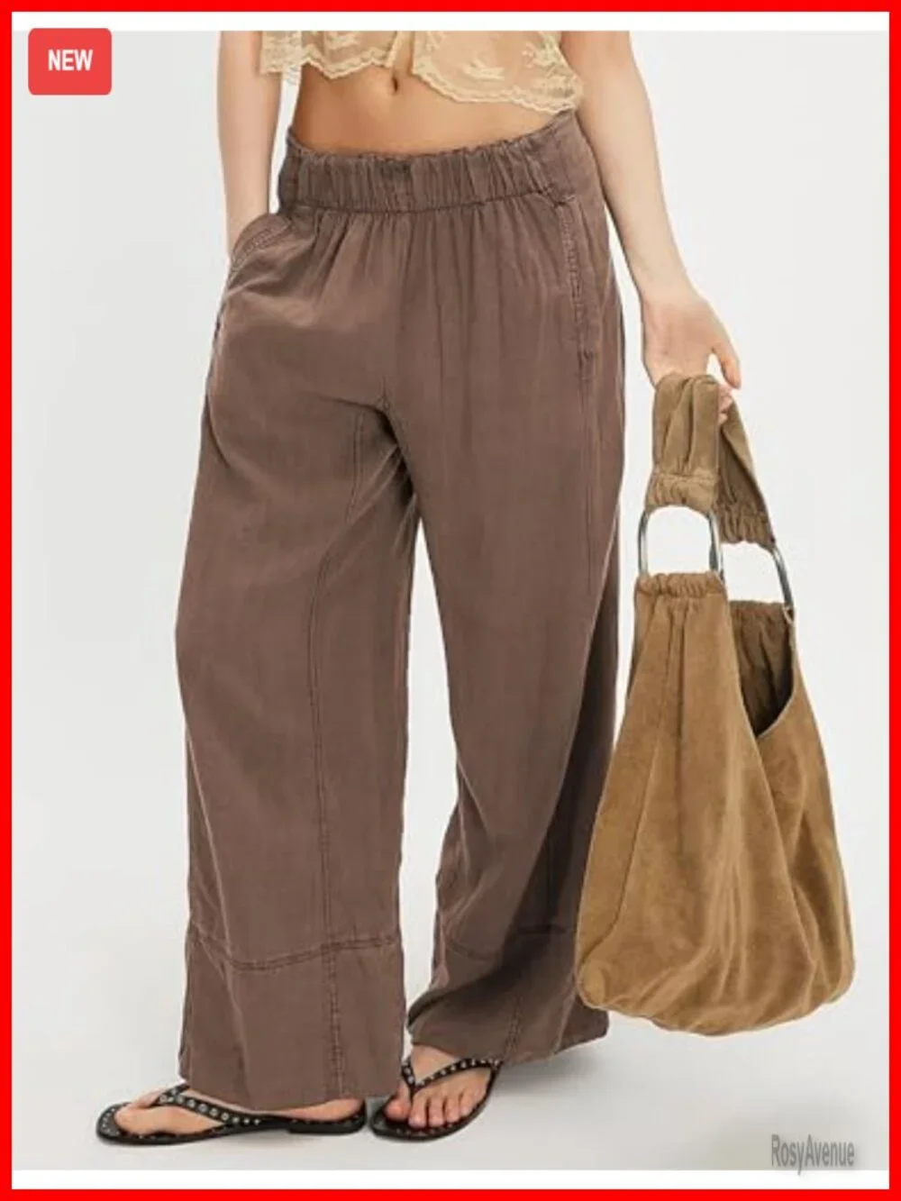 Wide Leg Linen Blend Pants Elastic Waist Palazzo Pockets Summer Boho Beach